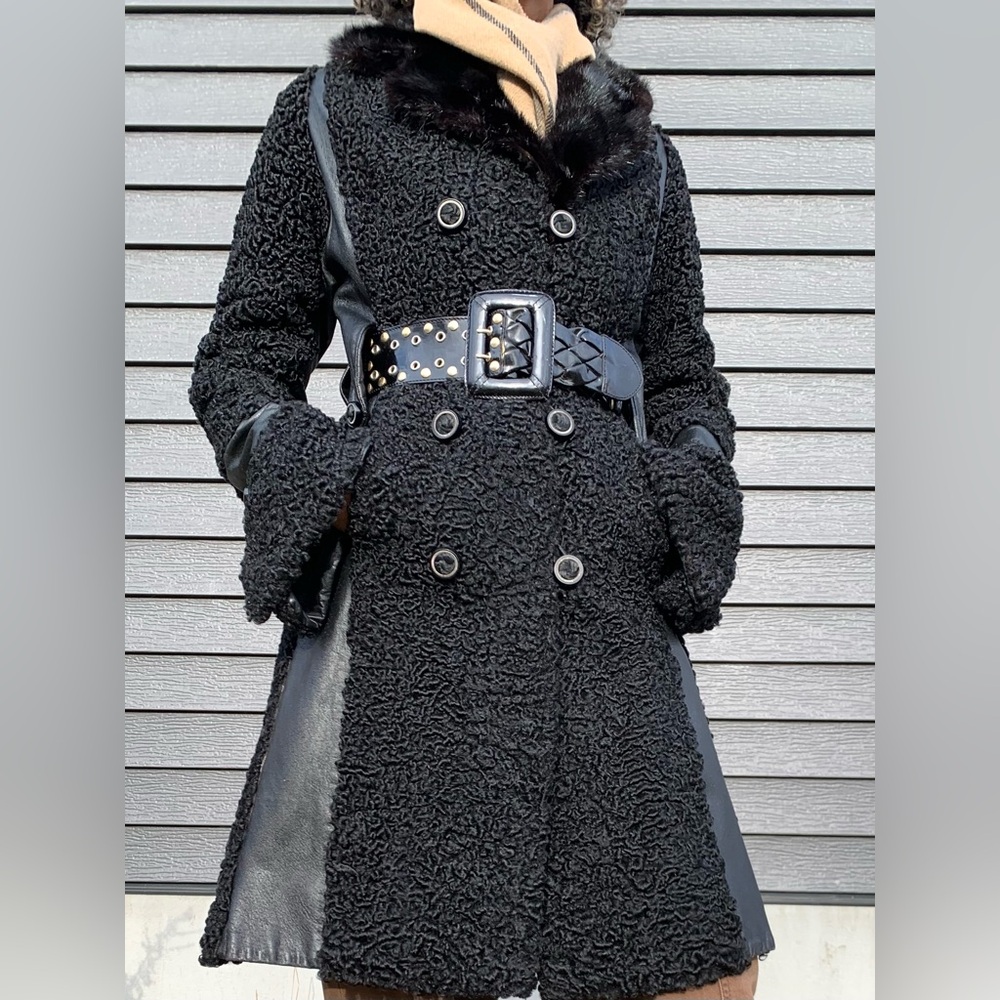 Vintage, Black Double-Breasted Persian Lamb Coat w/ Mink Collar&leather detail.